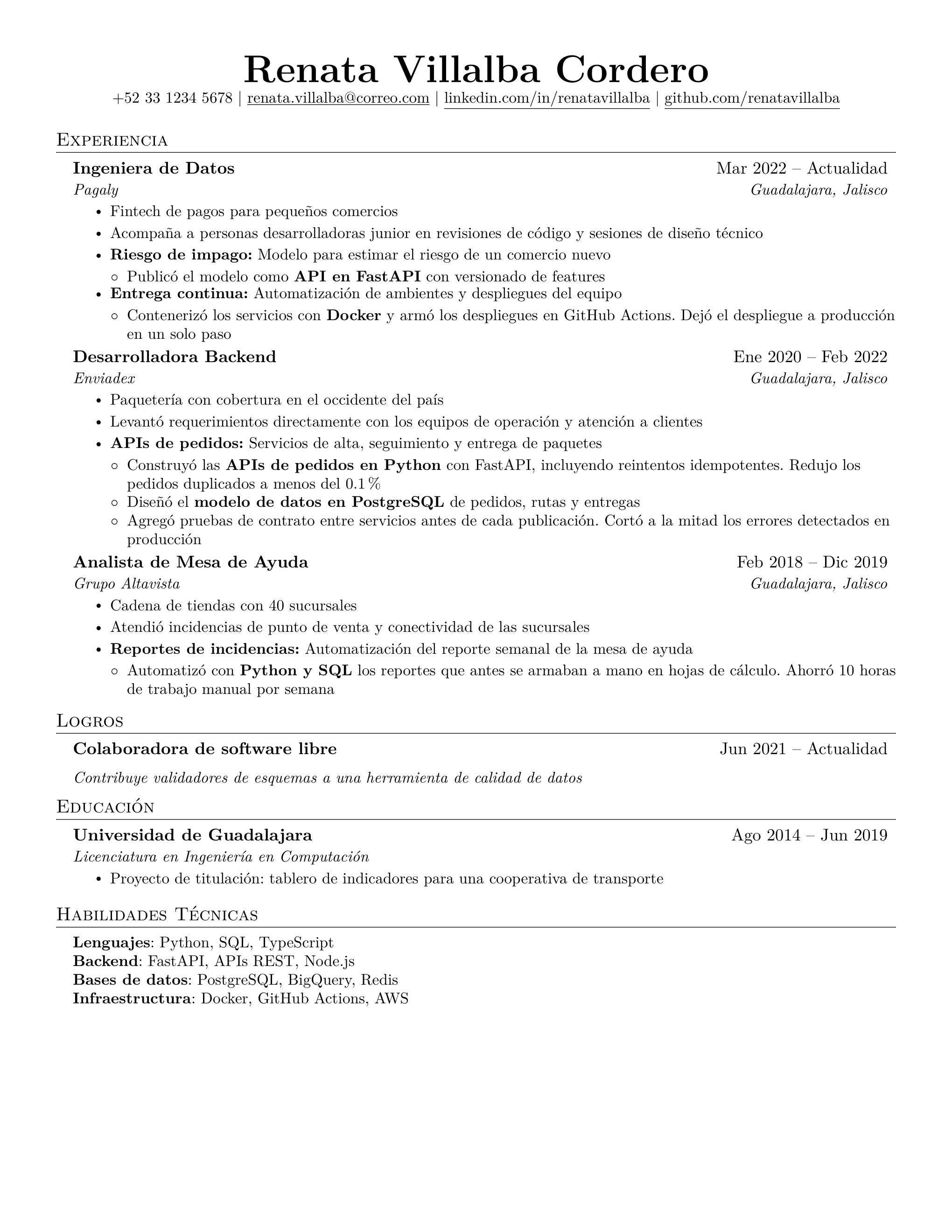 Página de un CV de ejemplo en formato Clásico, generado para una vacante de Backend Engineer