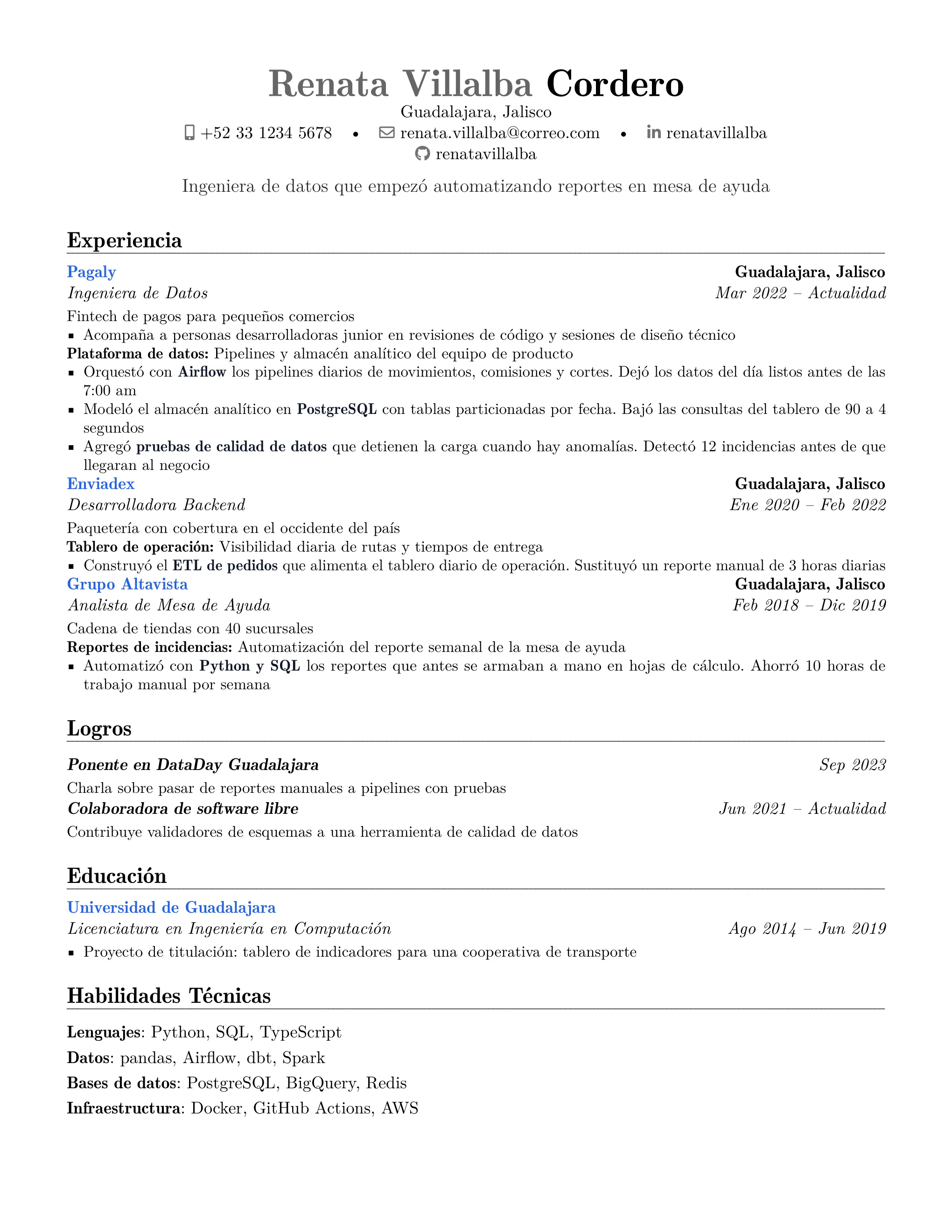 Página de un CV de ejemplo en formato Moderno, generado para una vacante de Data Engineer